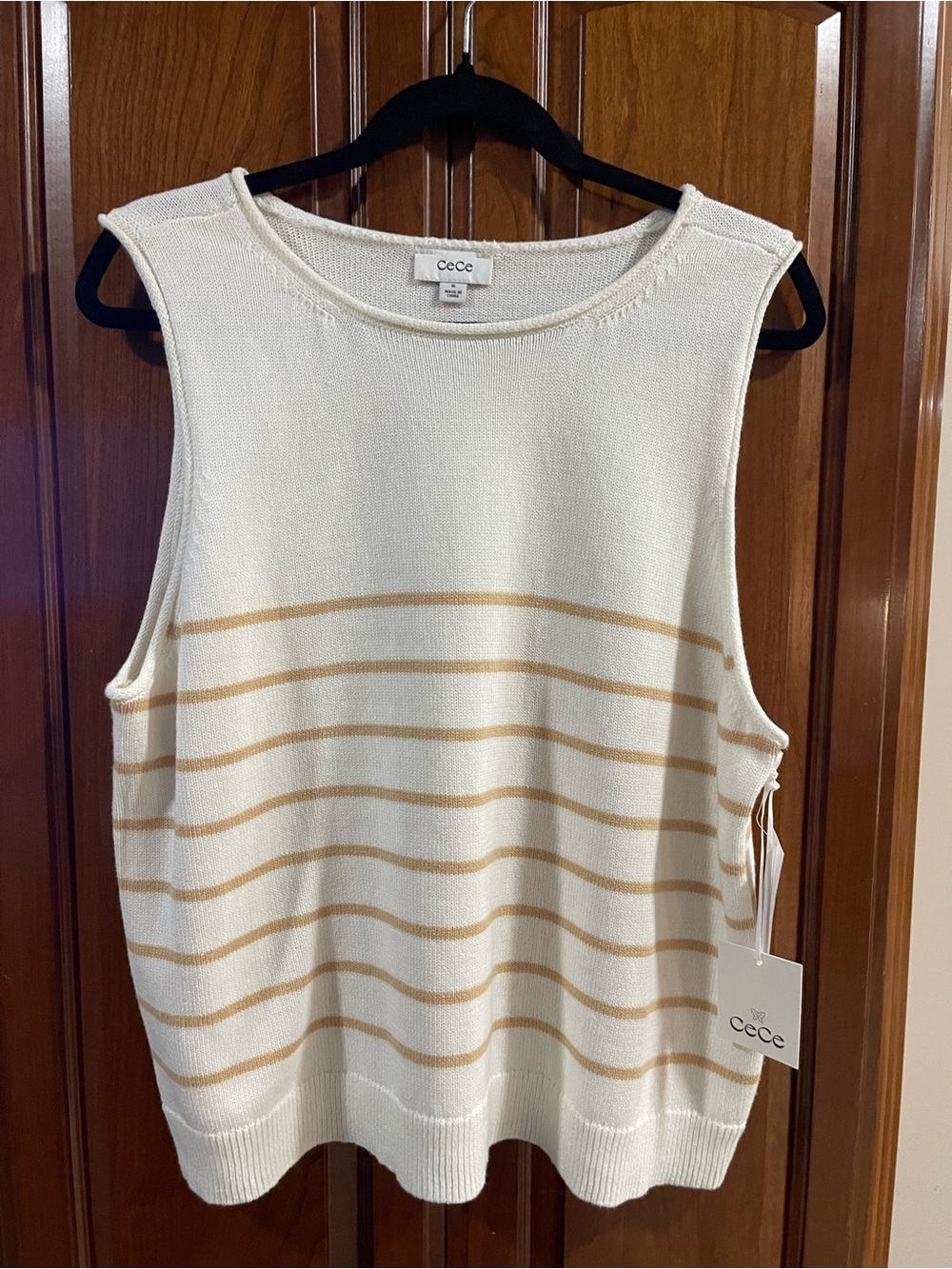CeCe Cream Tank Top with Tan Stripes